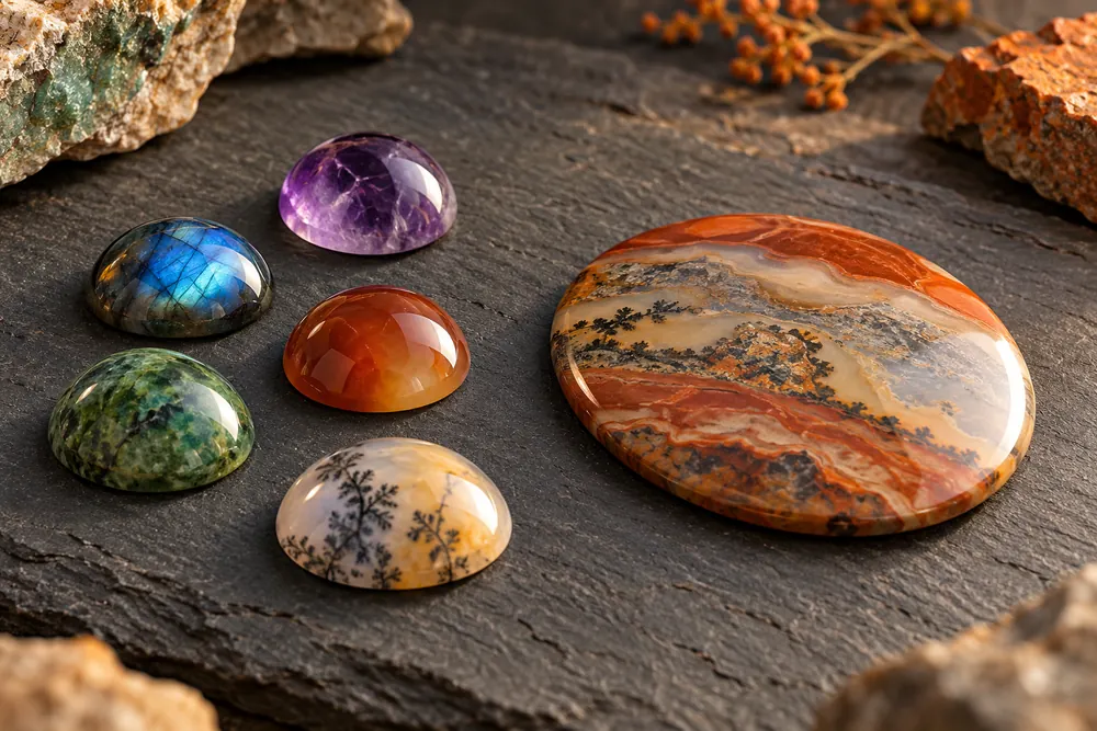 Editorial illustration of small domed cabochons and a larger flat polished stone face set apart as separate project examples.