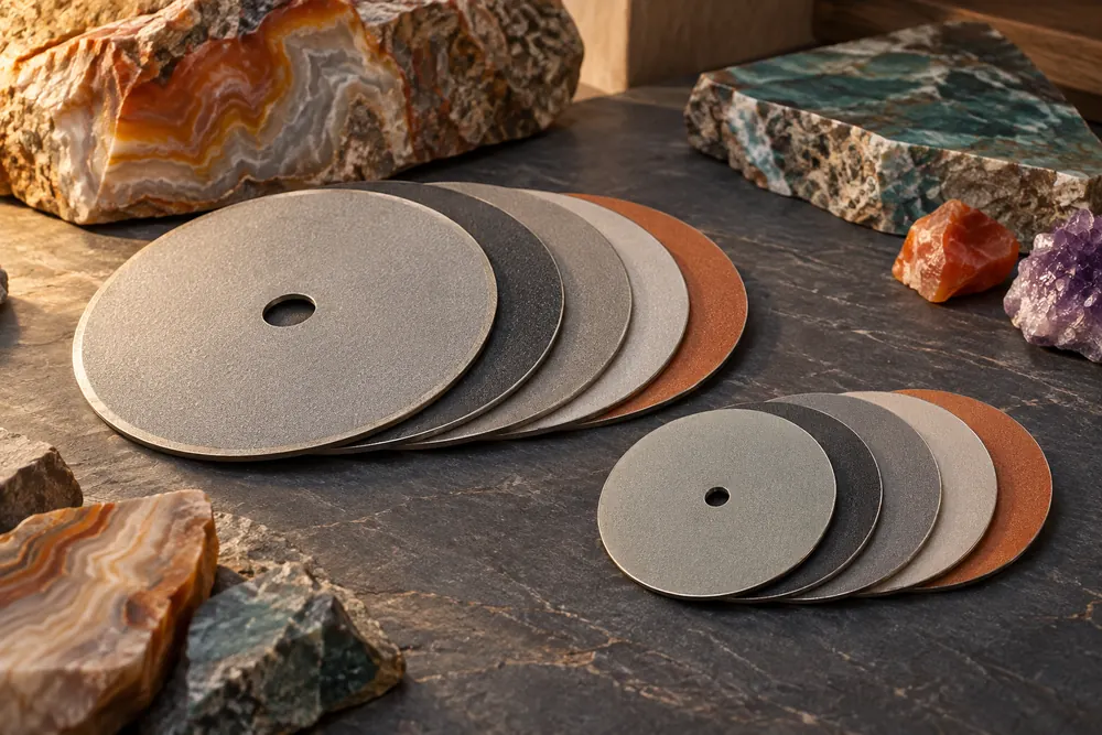 Editorial illustration of two separate generic sets of unmounted flat abrasive discs of visibly different diameters.