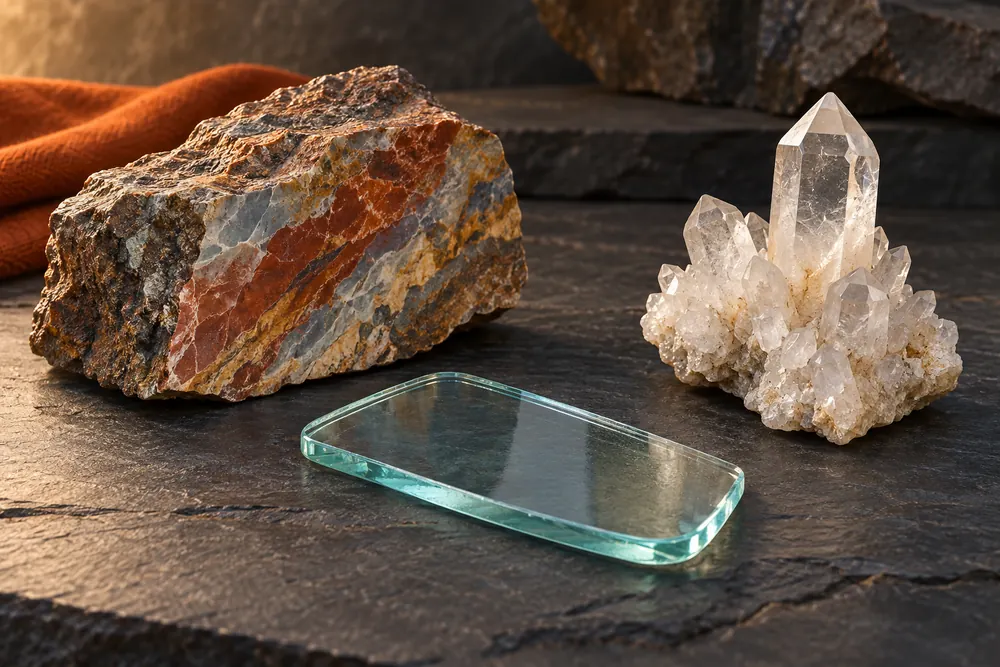 Editorial illustration of a rough mineral slab, a glass offcut with smooth edges and a quartz specimen displayed separately.