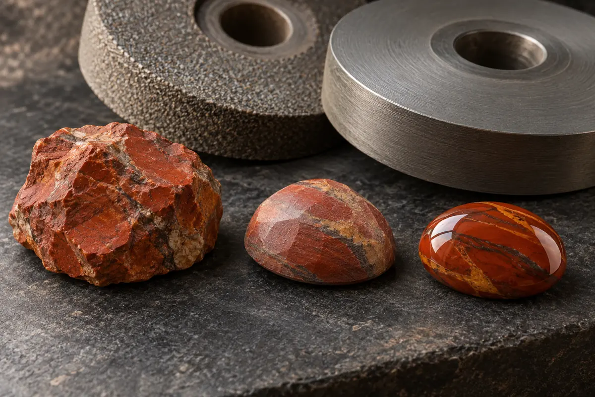 Editorial illustration of rough, partly shaped and polished jasper beside abrasive wheels
