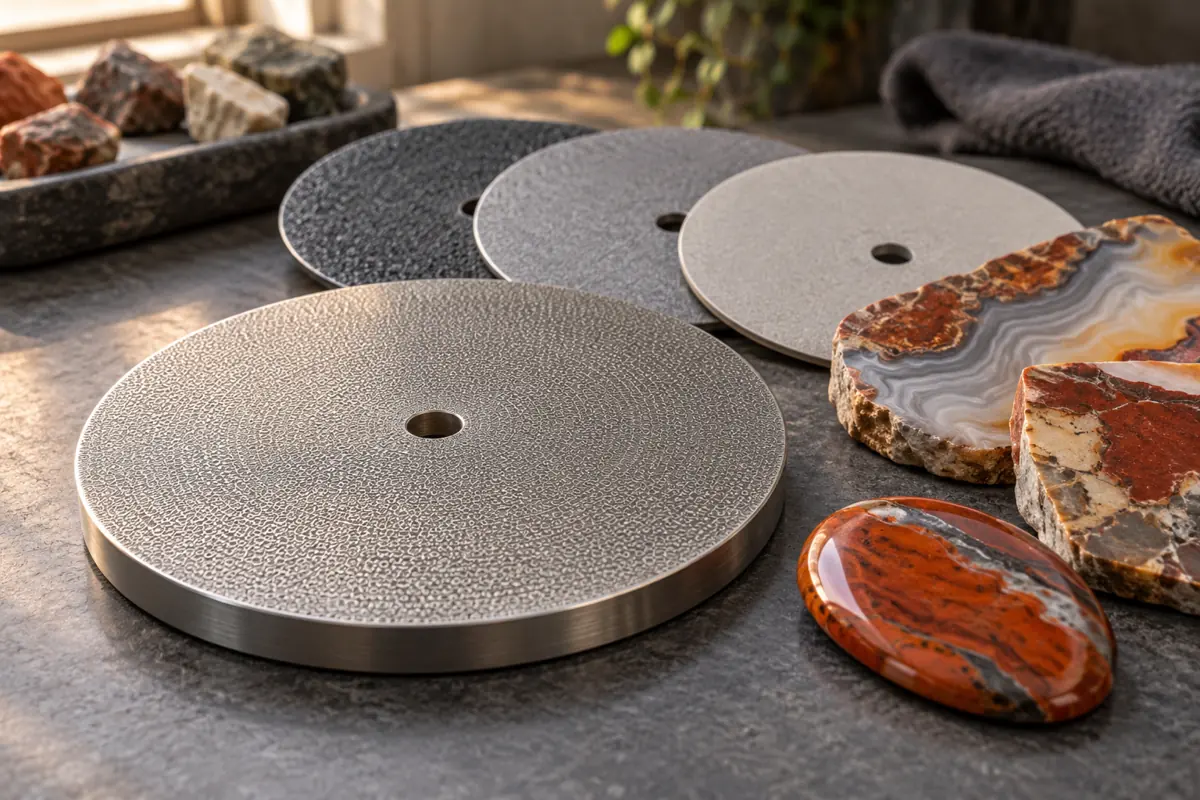 Editorial illustration of flat-lap discs and prepared mineral slabs
