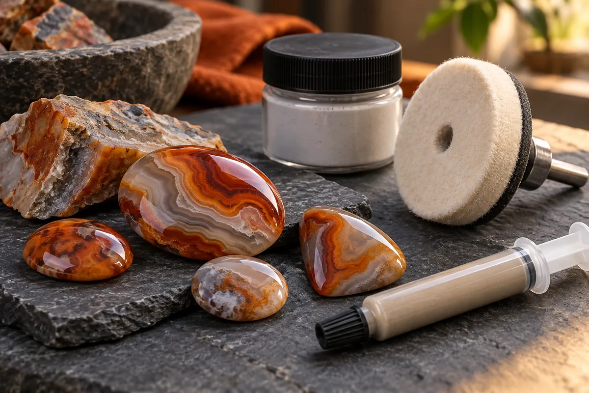 Editorial illustration of polishing paste, a jar, a pad and cabochons