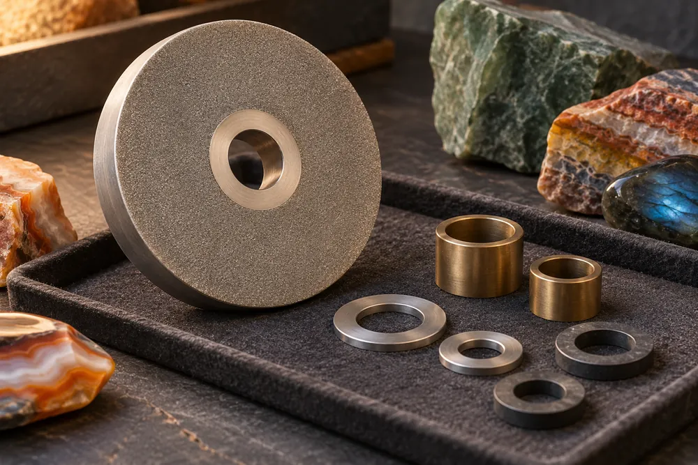 Editorial illustration of a loose generic abrasive wheel beside separate plain bushings and spacer rings on a padded tray.