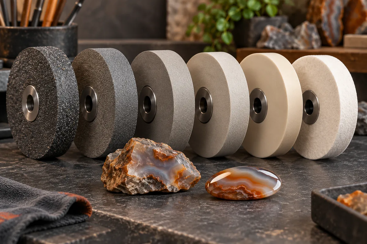 Editorial illustration of abrasive wheels and an agate cabochon