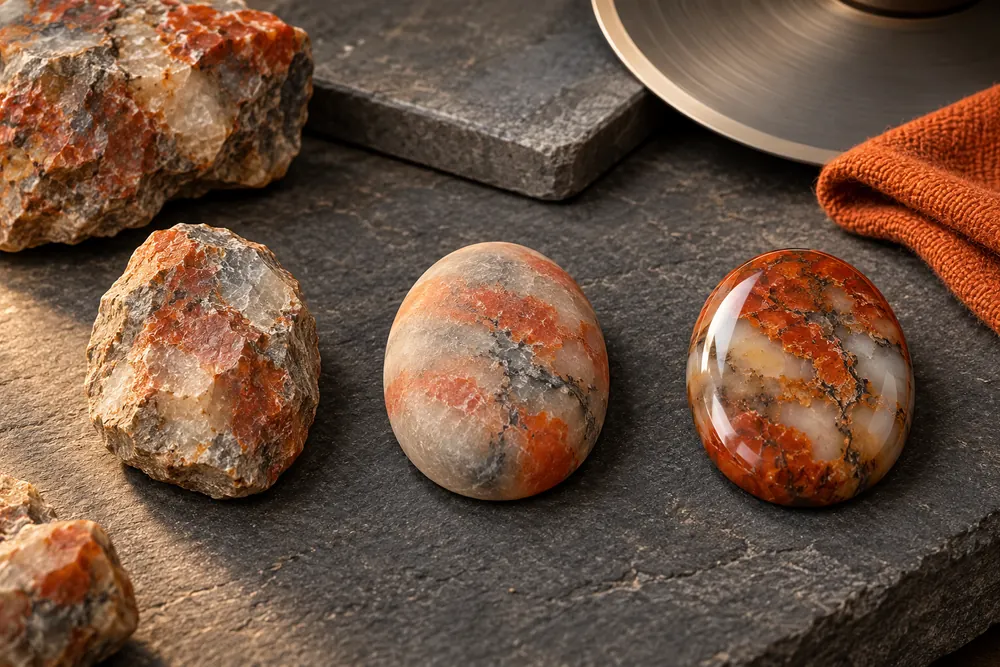 Editorial illustration of three separate example cabochons with rough, smoothed and polished surfaces, not a claimed before-and-after sequence.