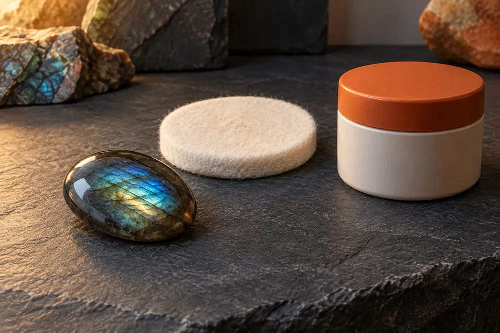 Editorial illustration of a polished cabochon, clean felt pad and closed unbranded compound container in separate compartments.