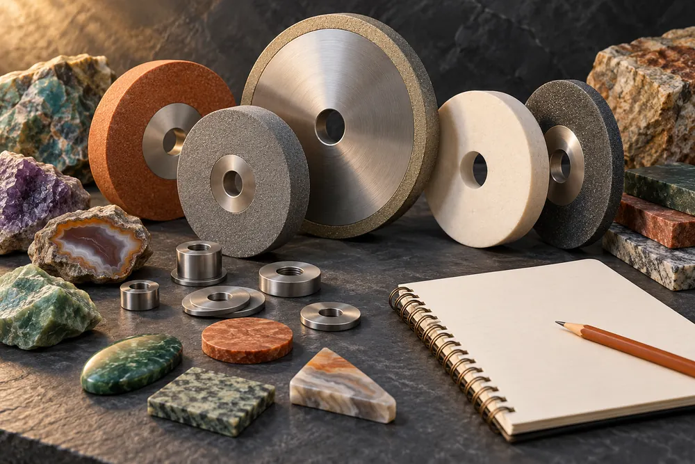 Editorial illustration of loose generic abrasive wheels, small separate spacer hardware and blank parts inventory notebook.