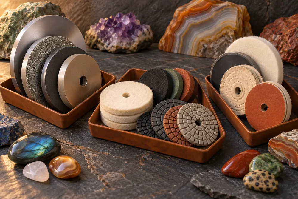 Editorial illustration of three separate small purchase trays containing different generic wheel and pad selections.
