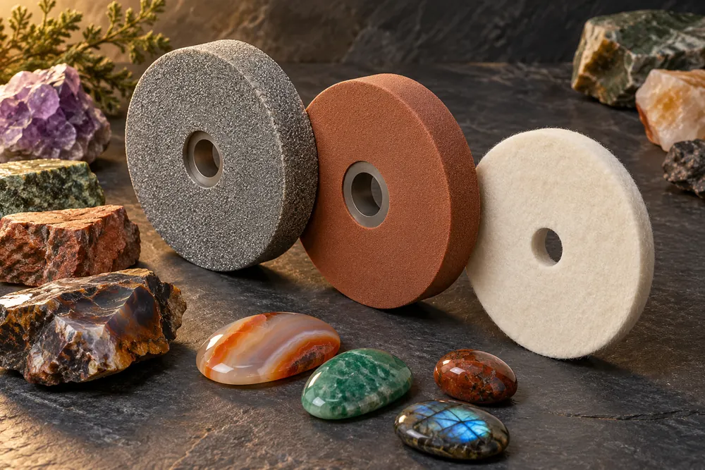 Editorial illustration of separate generic abrasive wheel, resin smoothing wheel and clean finishing pad.