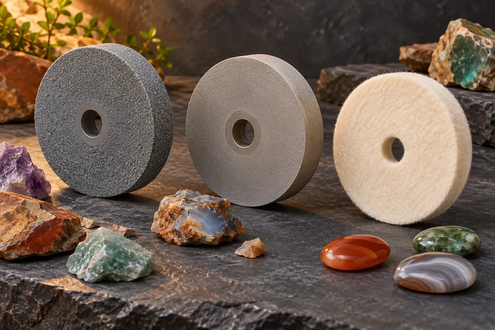 Editorial illustration of separate generic grinding wheel, smoothing wheel and finishing pad neatly spaced.