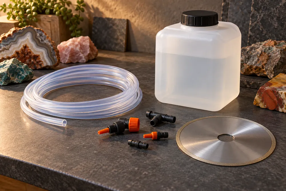 Editorial illustration of clean detached unbranded tubing, a plain water container and separate spare nozzle components on a dry bench.