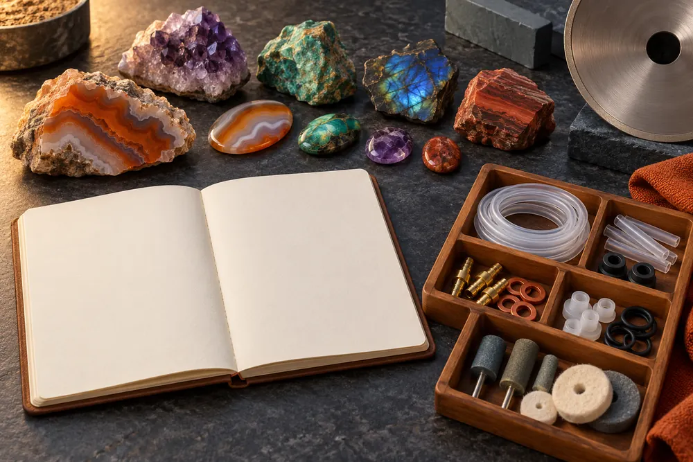 Editorial illustration of a blank service notebook beside separate clean tubing and small parts in an organized tray.