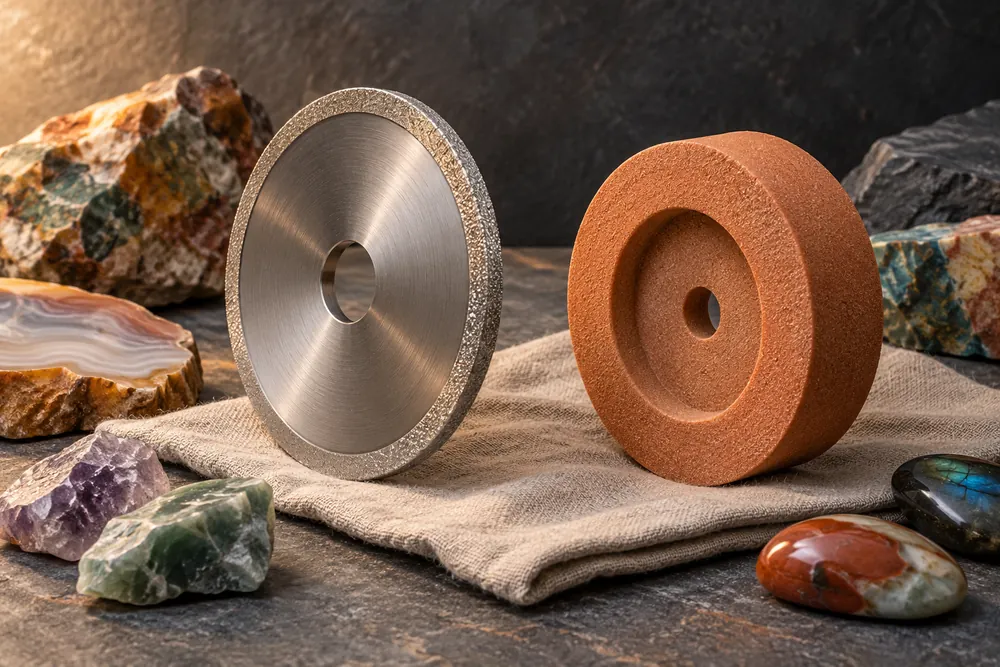 Editorial illustration of generic detached coarse metal abrasive wheel and cushioned resin abrasive wheel separated on dry cloth.