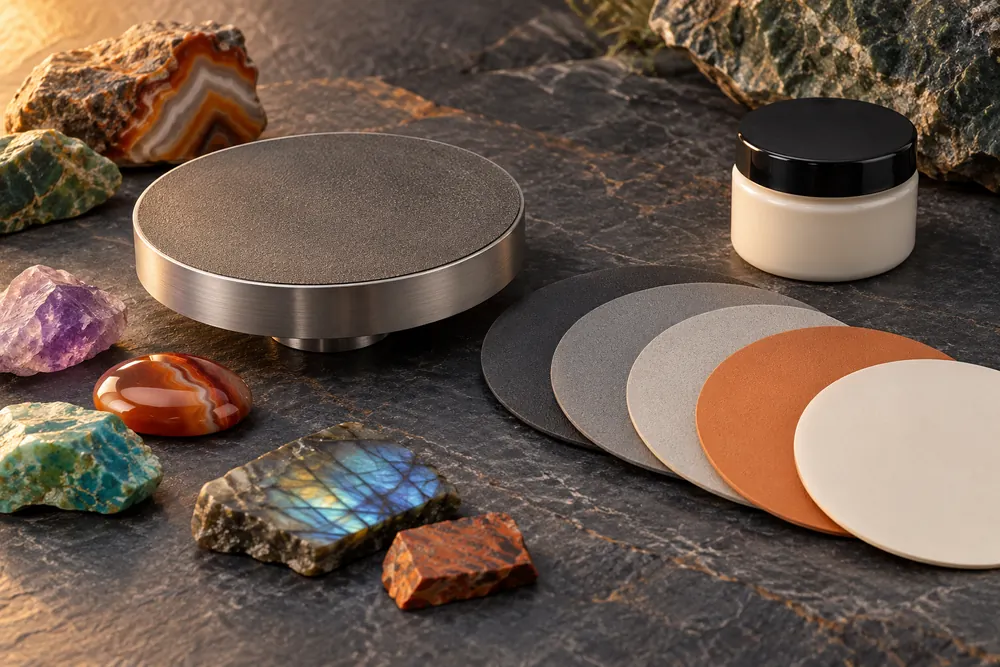 Editorial illustration of unbranded end-lap pad, separate polishing discs and a closed compound jar, laid out without assembly.