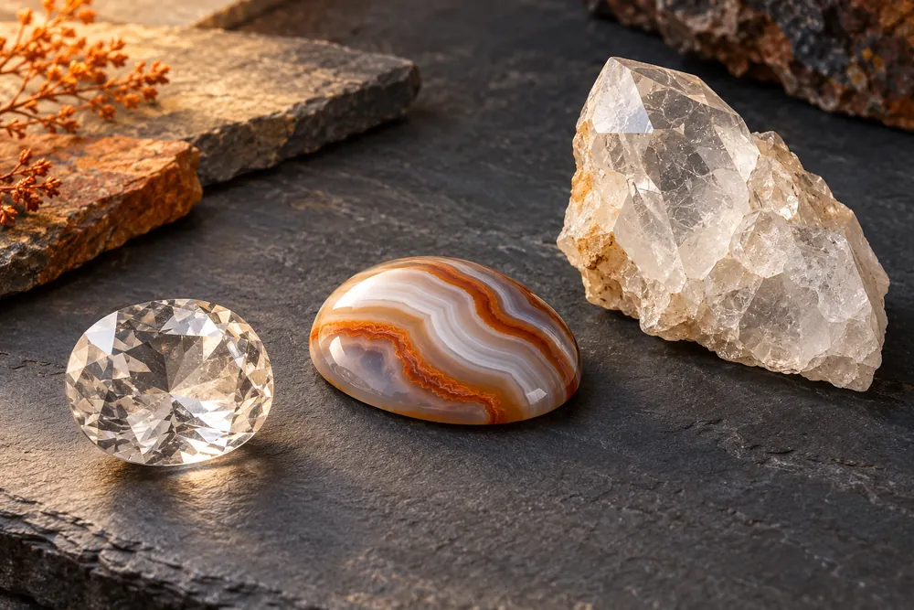 Editorial illustration of a faceted pale quartz gemstone, a domed agate cabochon and rough quartz crystal displayed separately.