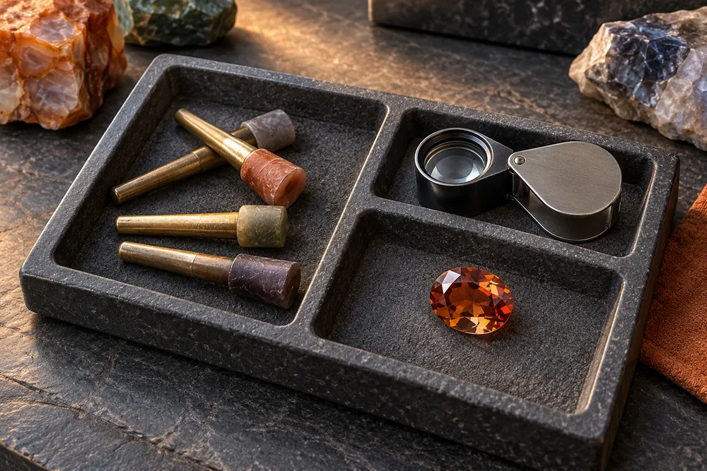 Editorial illustration of loose generic dops, a small loupe and a faceted stone in separate recesses of a dry parts tray.