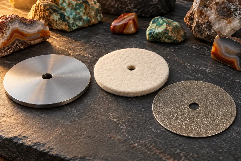 Editorial illustration of separate plain rigid backing plate, soft felt pad and textured abrasive disc displayed apart.