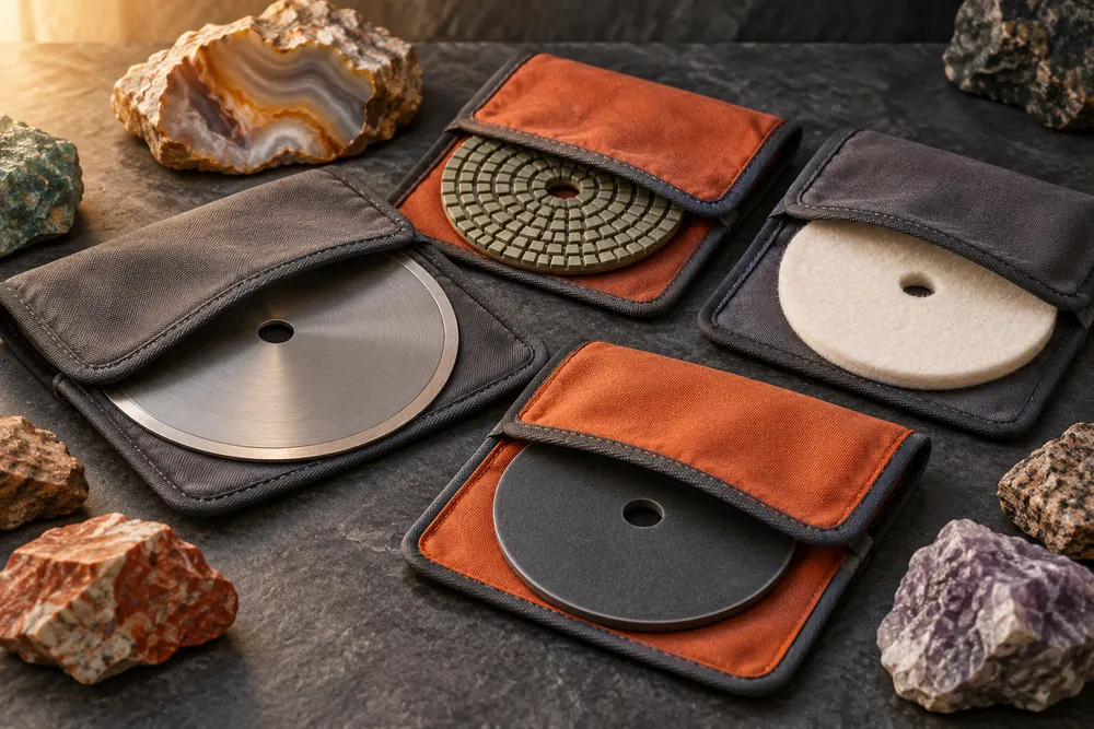 Editorial illustration of several separate covered storage sleeves holding discs and clean pads, one sleeve per item.