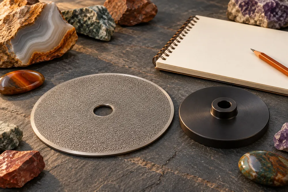 Editorial illustration of an unmounted abrasive disc, a separate plain backing plate and a blank inspection notebook.