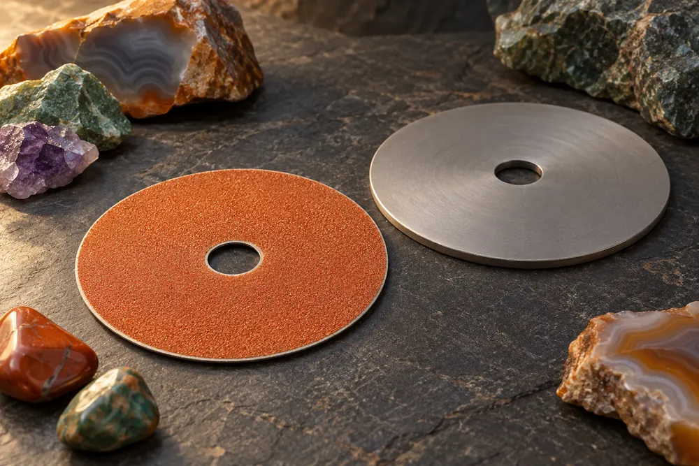 Editorial illustration of a clean separate adhesive-backed abrasive disc and plain plate resting apart.