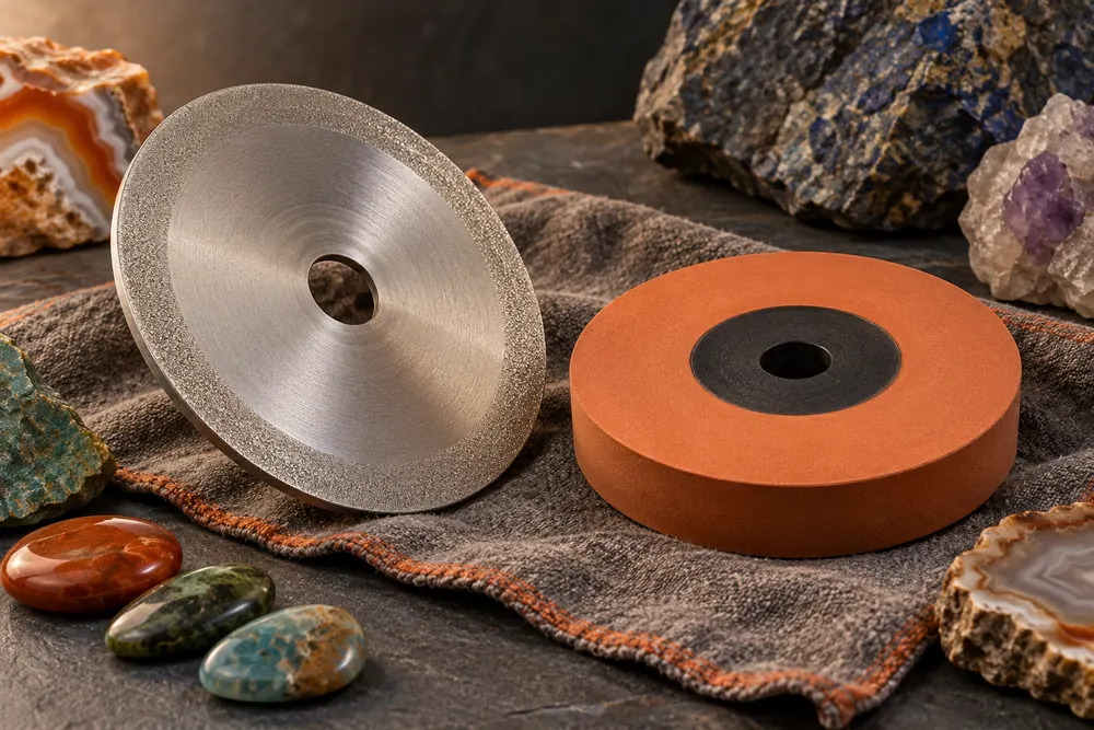 Editorial illustration of detached textured metal abrasive wheel and separate cushioned resin wheel on dry cloth.