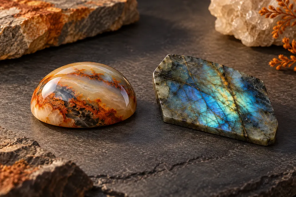 Editorial illustration of a domed cabochon and a flat polished specimen shown side by side as independent examples.