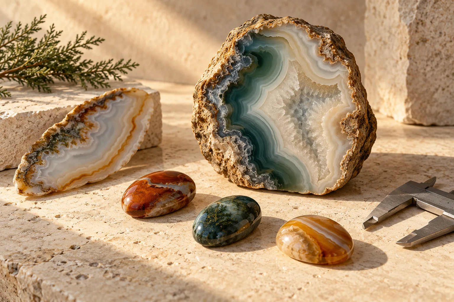 Illustrated agate and polished cabochons on a warm stone workbench