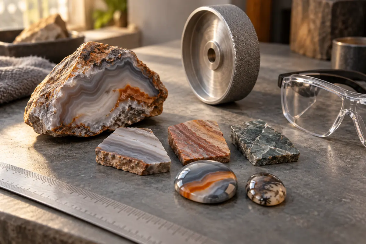 Editorial illustration of agate slabs, cabochons and a starter workshop layout