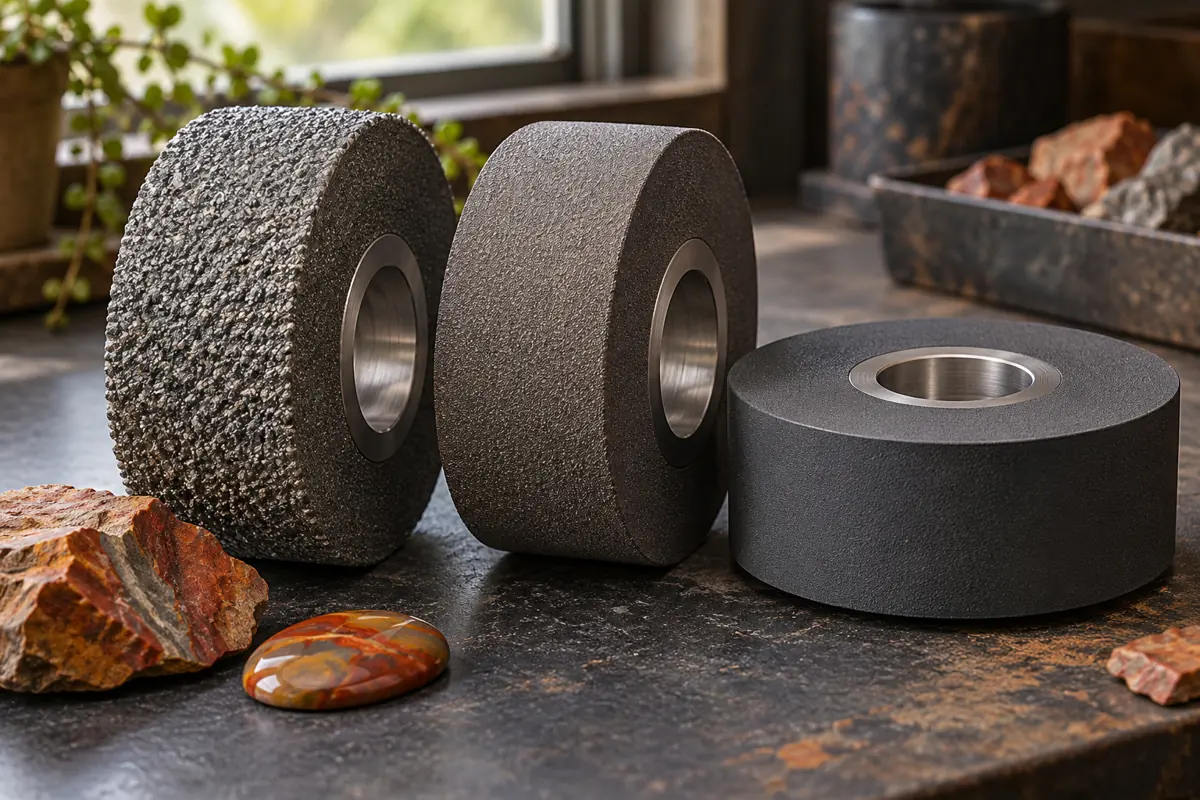 Editorial illustration of abrasive wheels with different textures and plain bores