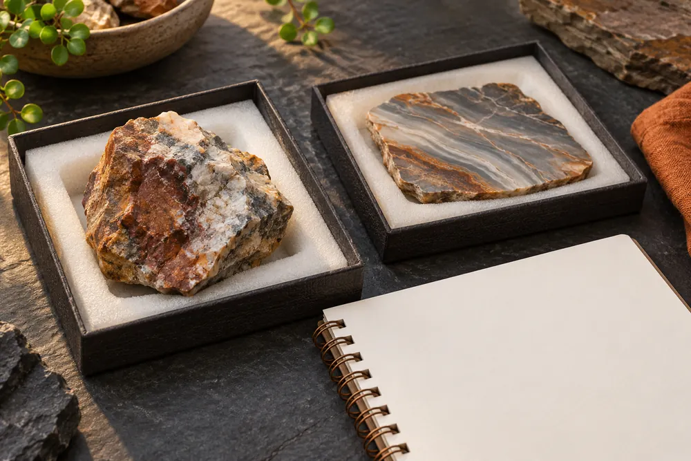 Editorial illustration of an irregular rock and a flat stone slab resting in separate padded trays beside a blank notebook.