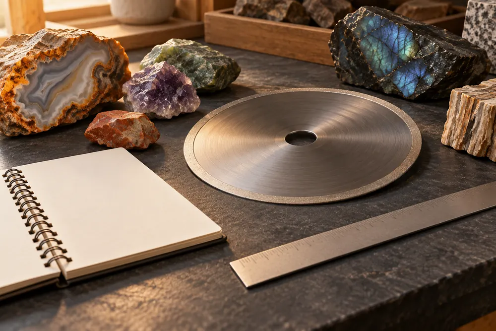 Editorial illustration of a loose continuous-rim lapidary blade, ruler with no readable numbers and blank notebook on a dry bench.