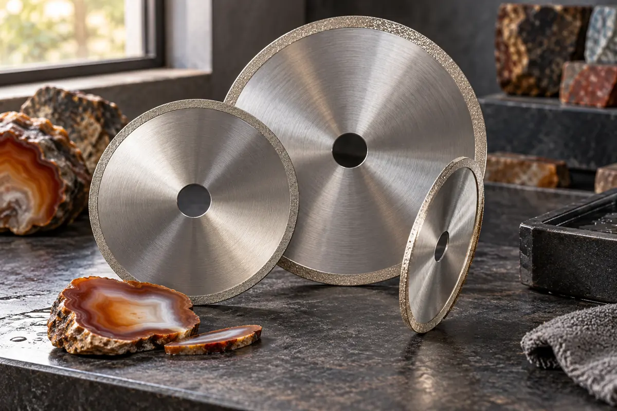 Editorial illustration of three diamond-rim saw blades and agate slices