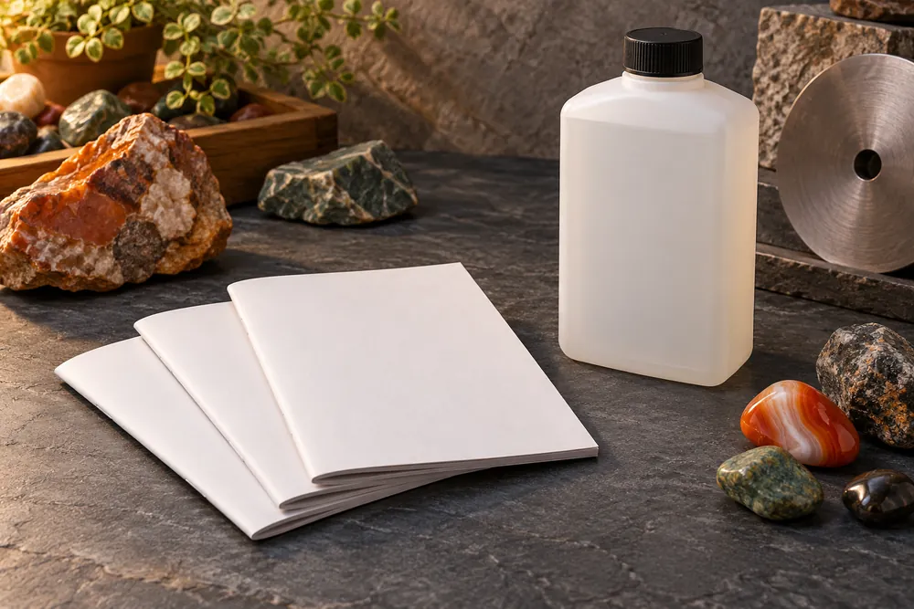 Editorial illustration of three blank closed instruction booklets beside an unbranded closed fluid container on a clean dry bench.
