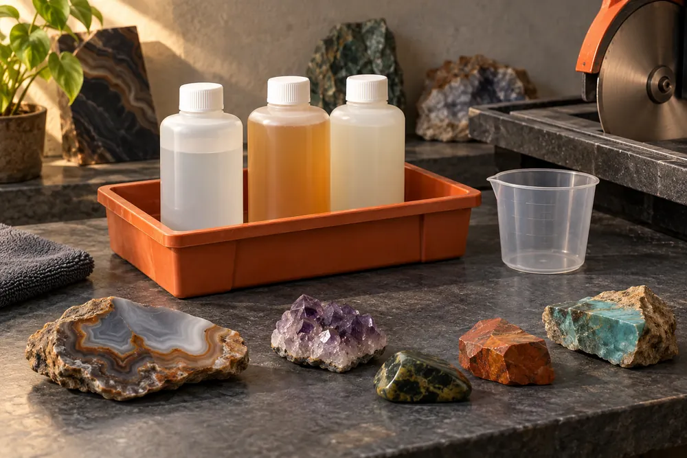 Editorial illustration of closed unbranded fluid bottles in a secondary containment tray, dedicated empty measuring cup nearby.