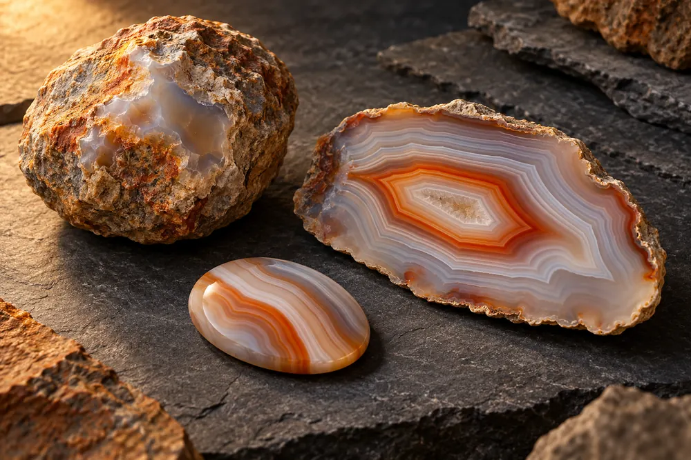 Editorial illustration of an agate nodule, a thin banded agate slab and an oval preform.