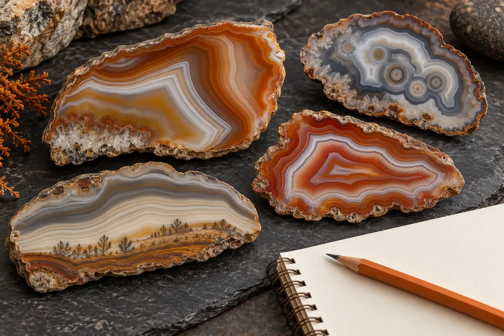 Editorial illustration of several banded agate slabs arranged to show different patterns beside a pencil and blank notebook.