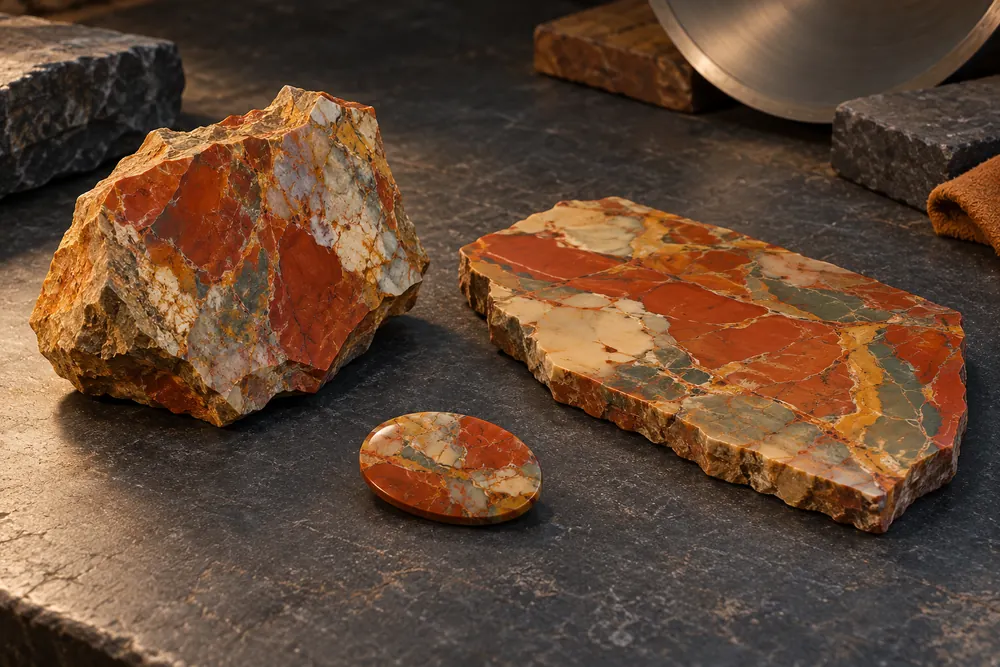 Editorial illustration of an irregular jasper rough piece, flat slab and small oval preform set apart on a dark bench.