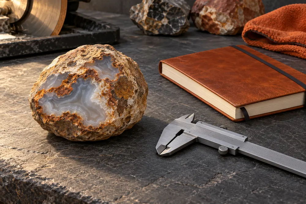 Editorial illustration of a rock nodule beside a closed caliper and blank notebook.