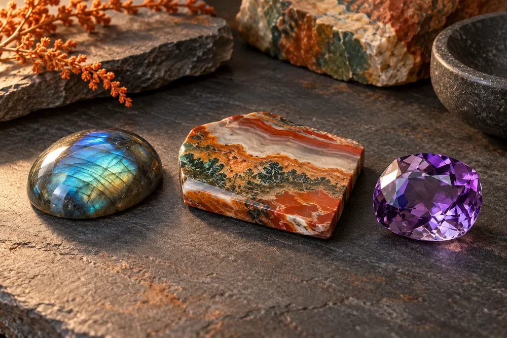 Editorial illustration of a domed cabochon, a flat polished specimen and a faceted gemstone displayed as independent project examples.