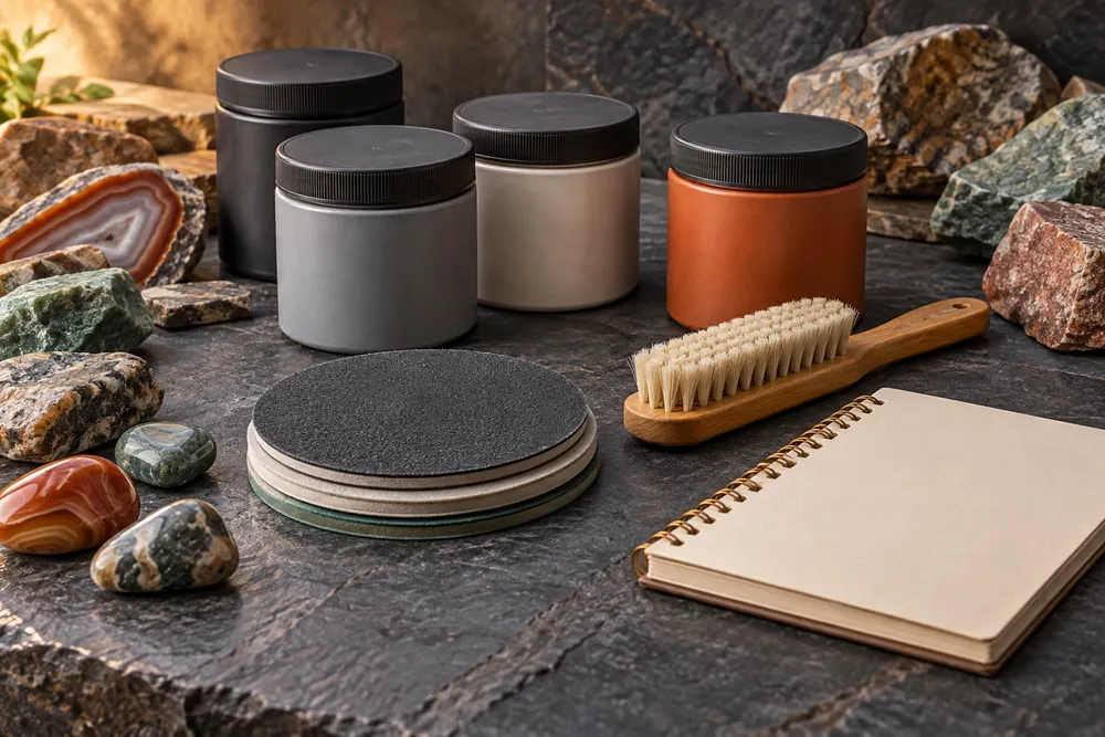 Editorial illustration of closed unbranded abrasive containers, spare pad, brush and blank recurring-cost notebook.