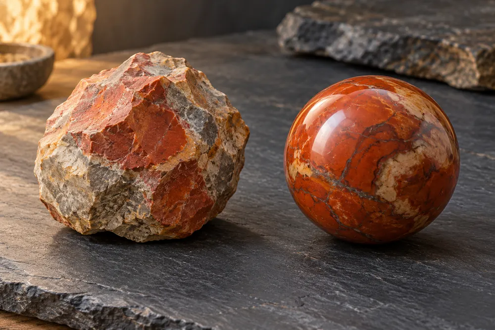 Editorial illustration of a roughly rounded stone preform beside a polished jasper sphere.
