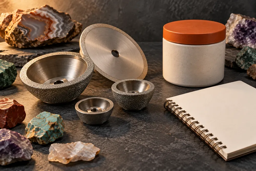 Editorial illustration of detached generic cup-shaped lapidary tooling, an unbranded closed abrasive container and a blank notebook.