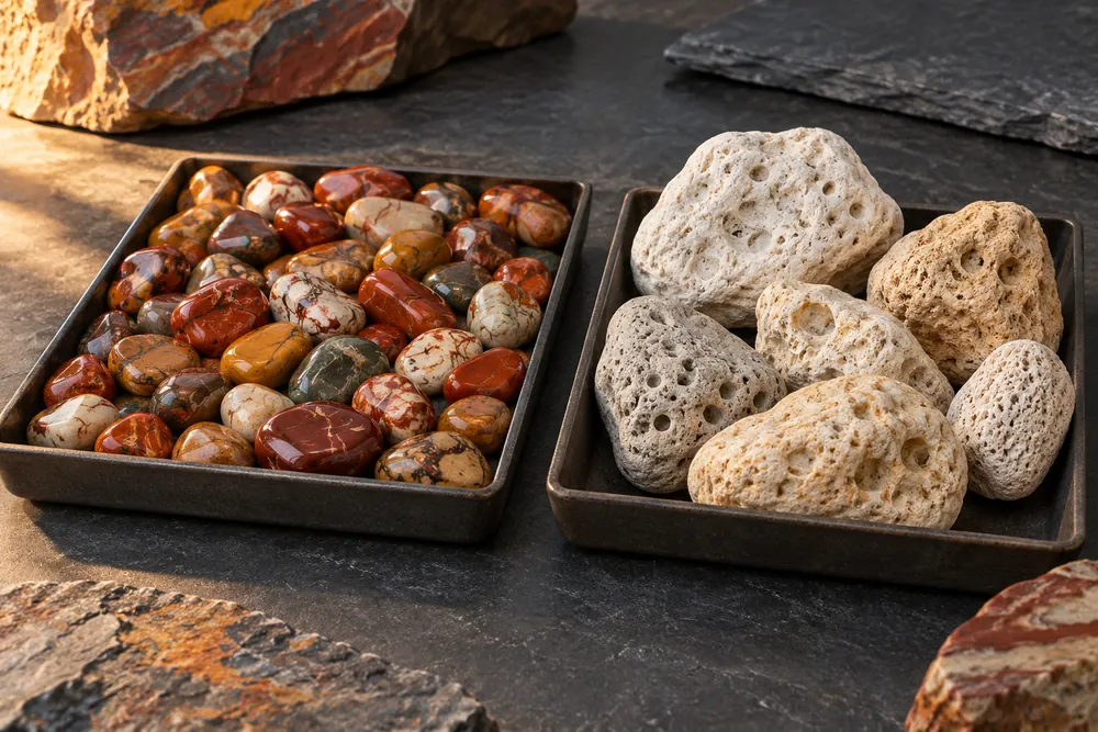 Editorial illustration of two separate shallow trays, one with dense small jasper pebbles and one with larger porous pale stones.