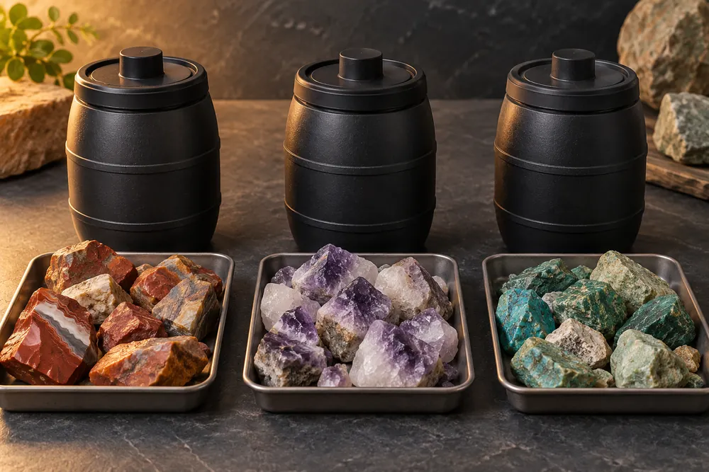 Editorial illustration of three individual small lidded rubber barrels standing beside three separate trays of stones.