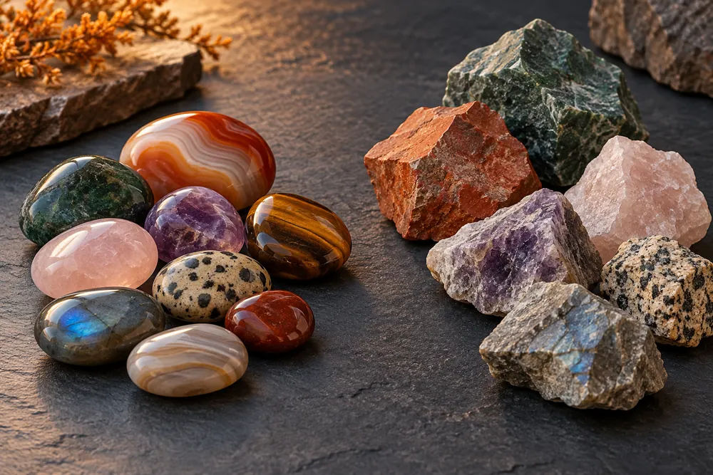 Editorial illustration of a group of rounded polished pebbles beside angular naturally shaped stones, two separate example collections.