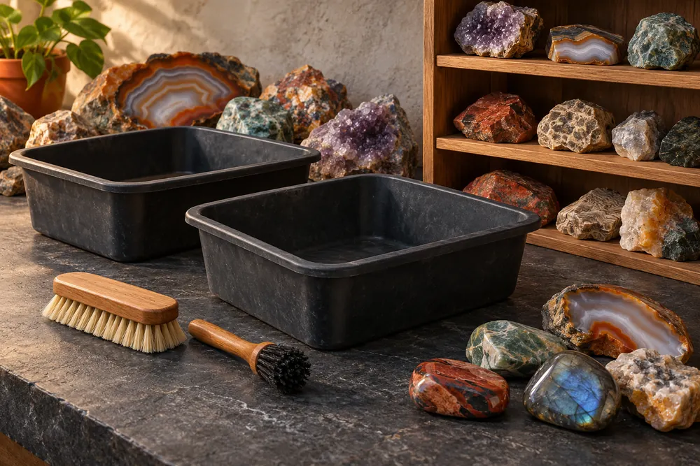 Editorial illustration of two clean detached generic rubber containers, dedicated brushes and a separate dry storage shelf.