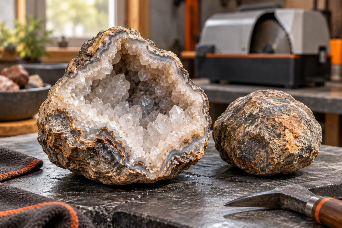 Editorial illustration of a crystal-lined geode and an irregular nodule