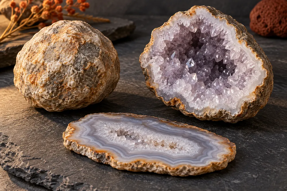 Editorial illustration of a closed geode nodule beside a separate opened geode and thin geode slab.