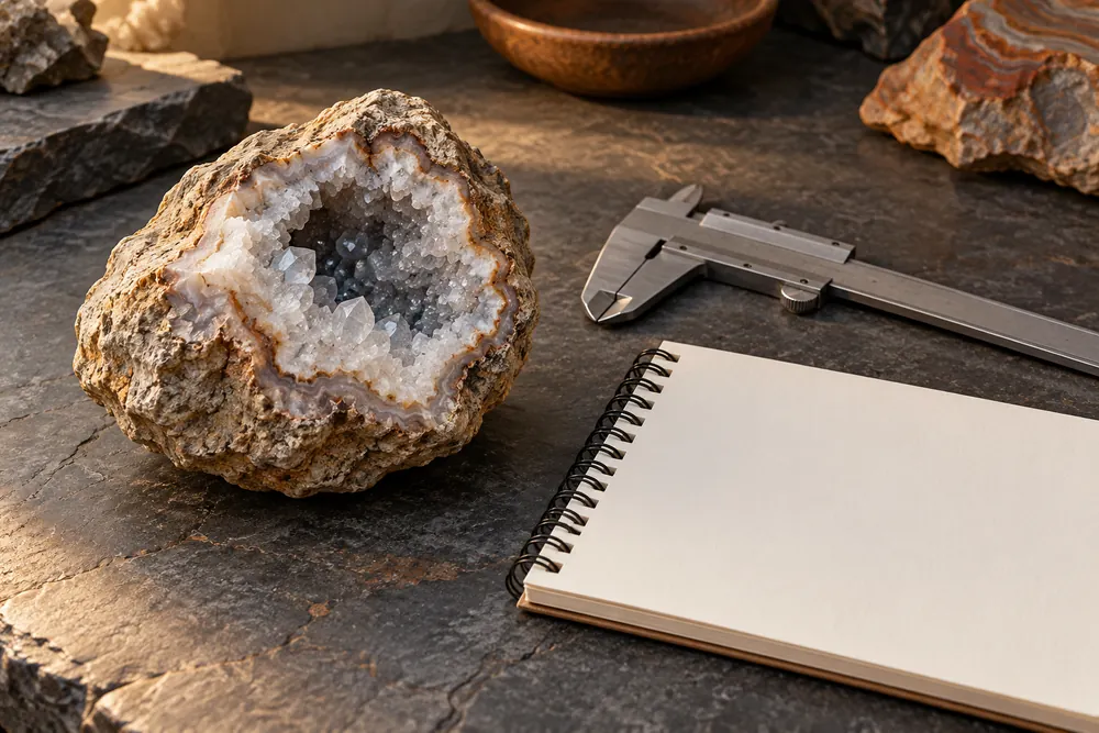 Editorial illustration of an irregular geode nodule beside a closed caliper and blank sketchbook.