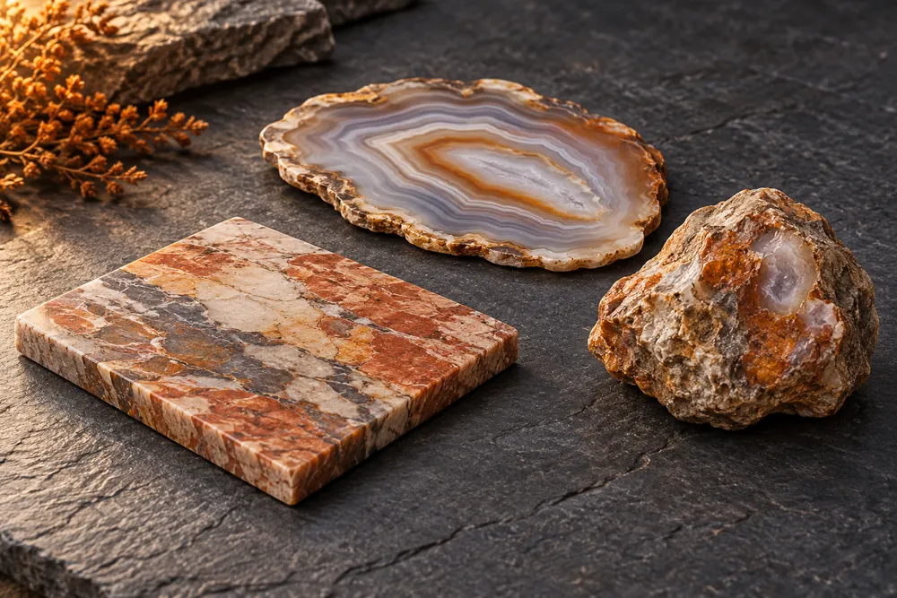 Editorial illustration of a flat stone tile, a thin agate slab and an irregular rock nodule displayed separately.